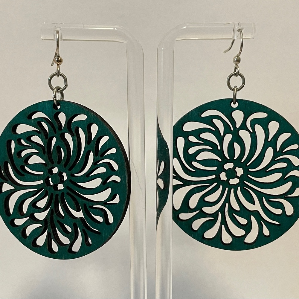 Boho Chic Elegant Wooden Teal Floral Earrings
